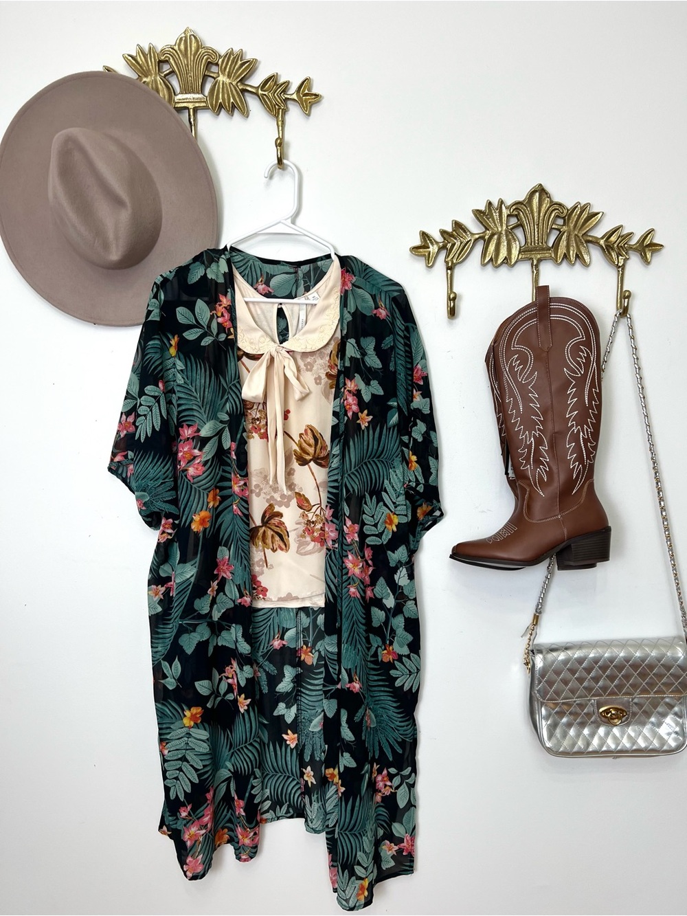 Boho  Tropical Kimono Cardigan - Black with Green & Pink Floral 1X ptp 27”l 38”
